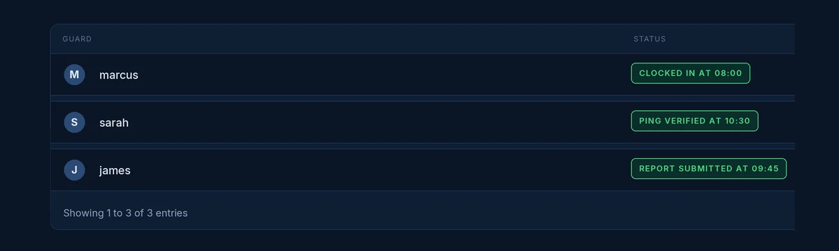 Activity log table with per-guard clock-in, ping-verified, and report-submitted entries